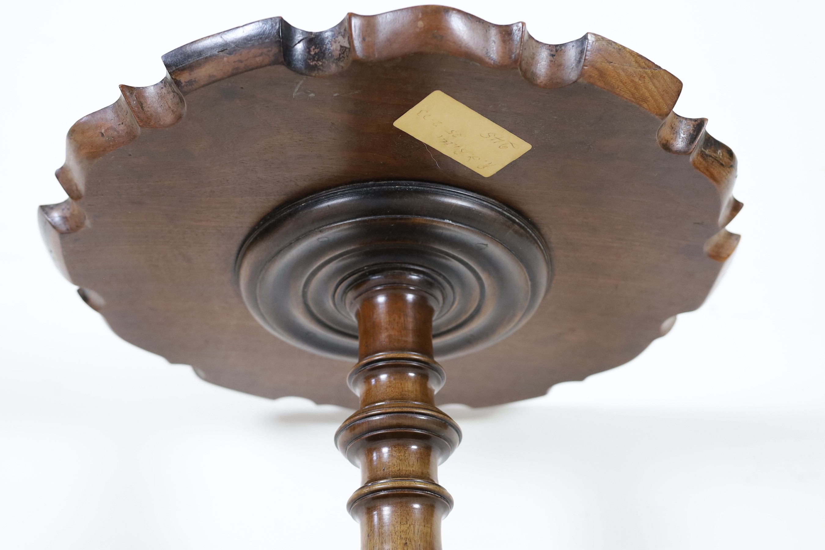 A George III circular mahogany piecrust tripod wine table, diameter 46cm, height 60cm